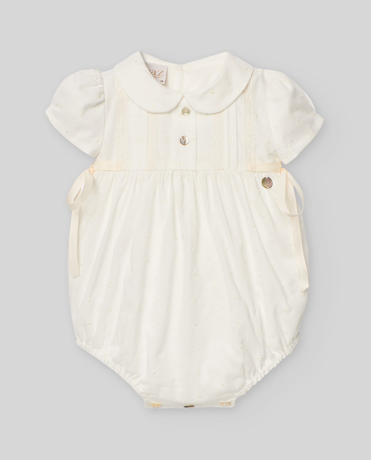 Pelele Tela Bordada Bautizo "Paz" en Crudo