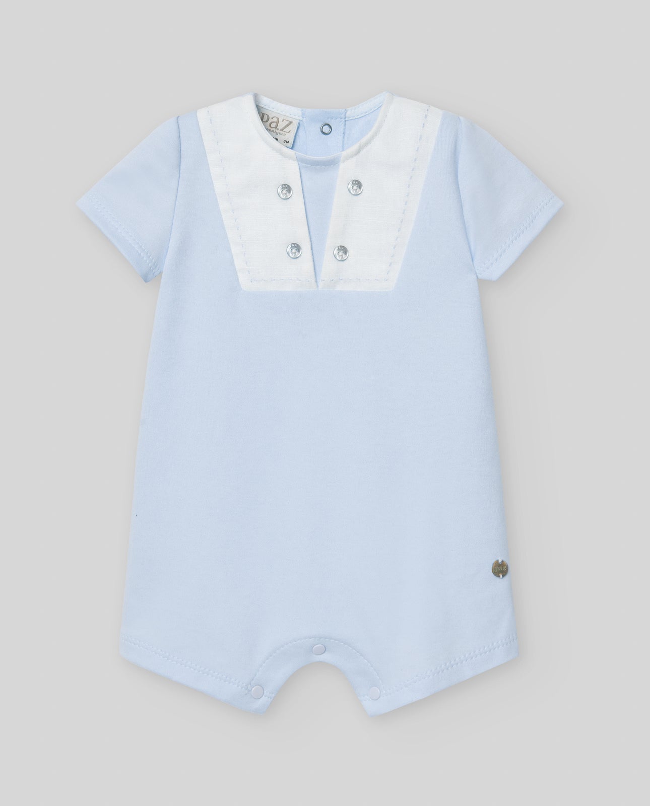 Pelele Corto Niño Cuello Marinero "Interlock" en Celeste/Blanco