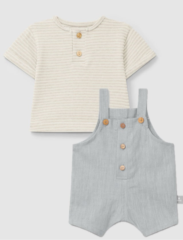 Linen dungaree and Striped Shirt Set in Greyish Blue and Natural