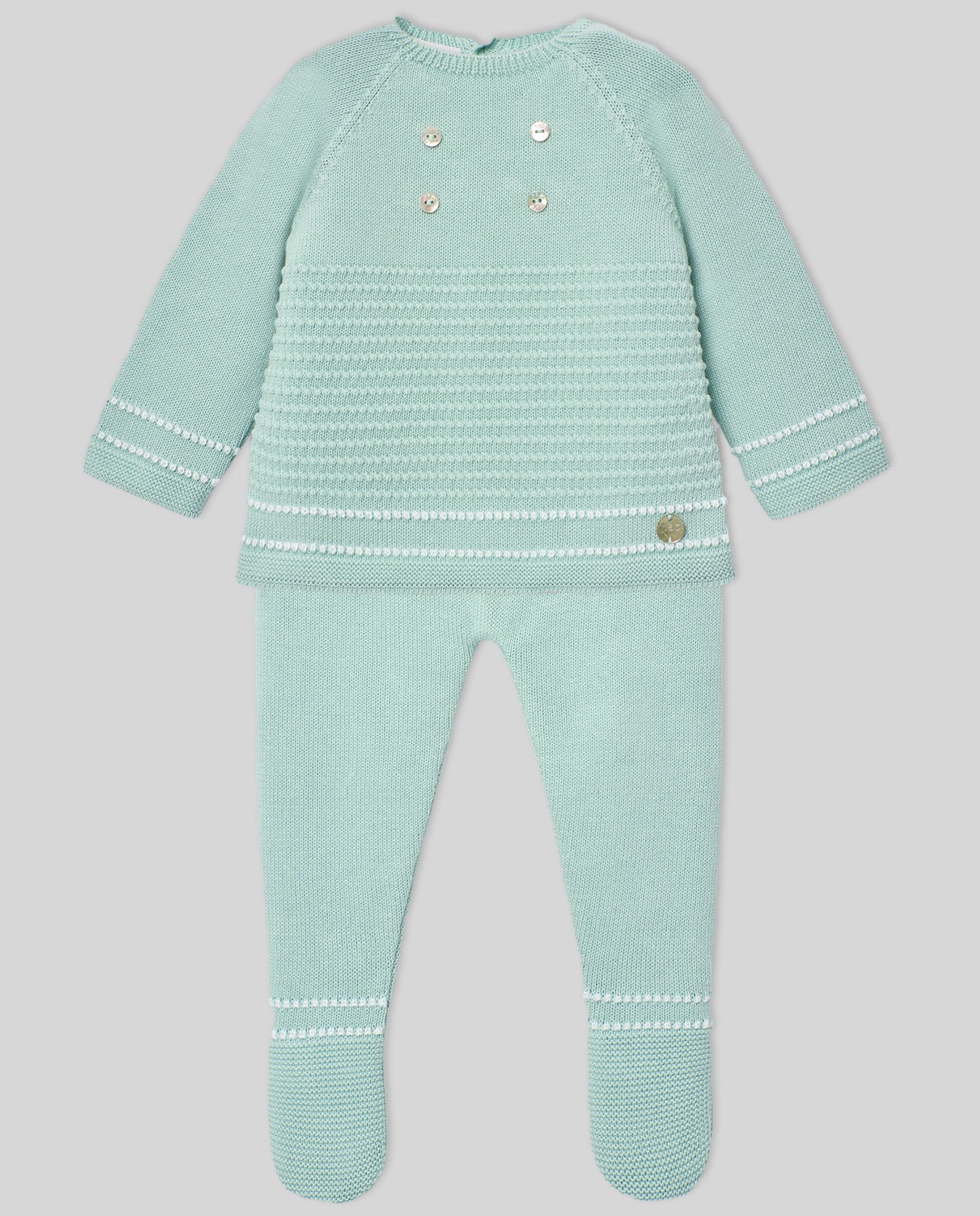 Conjunto Jubon, Polaina y Capota "Eido" color Verde Agua/Blanco