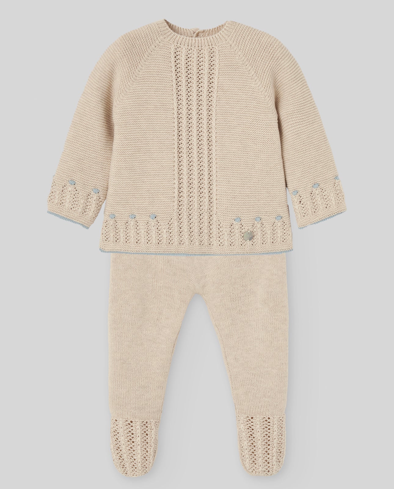 Conjunto Jubon con Polaina y Capota Avena/Azul Tiza