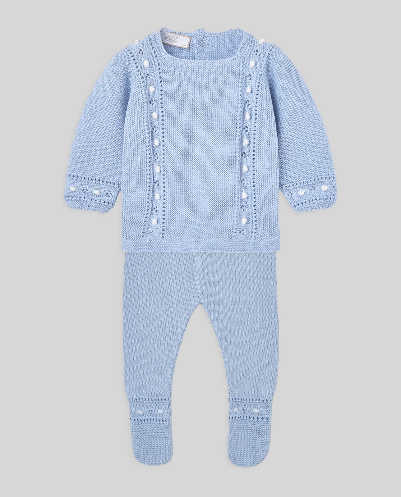 Conjunto Niño JUBON + POLAINA + GORRO "ALEGRIA V26" en crudo en Azul Tiza