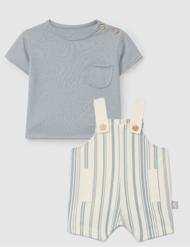 Printed plush dungarees and Shirt set in Mint Stripes