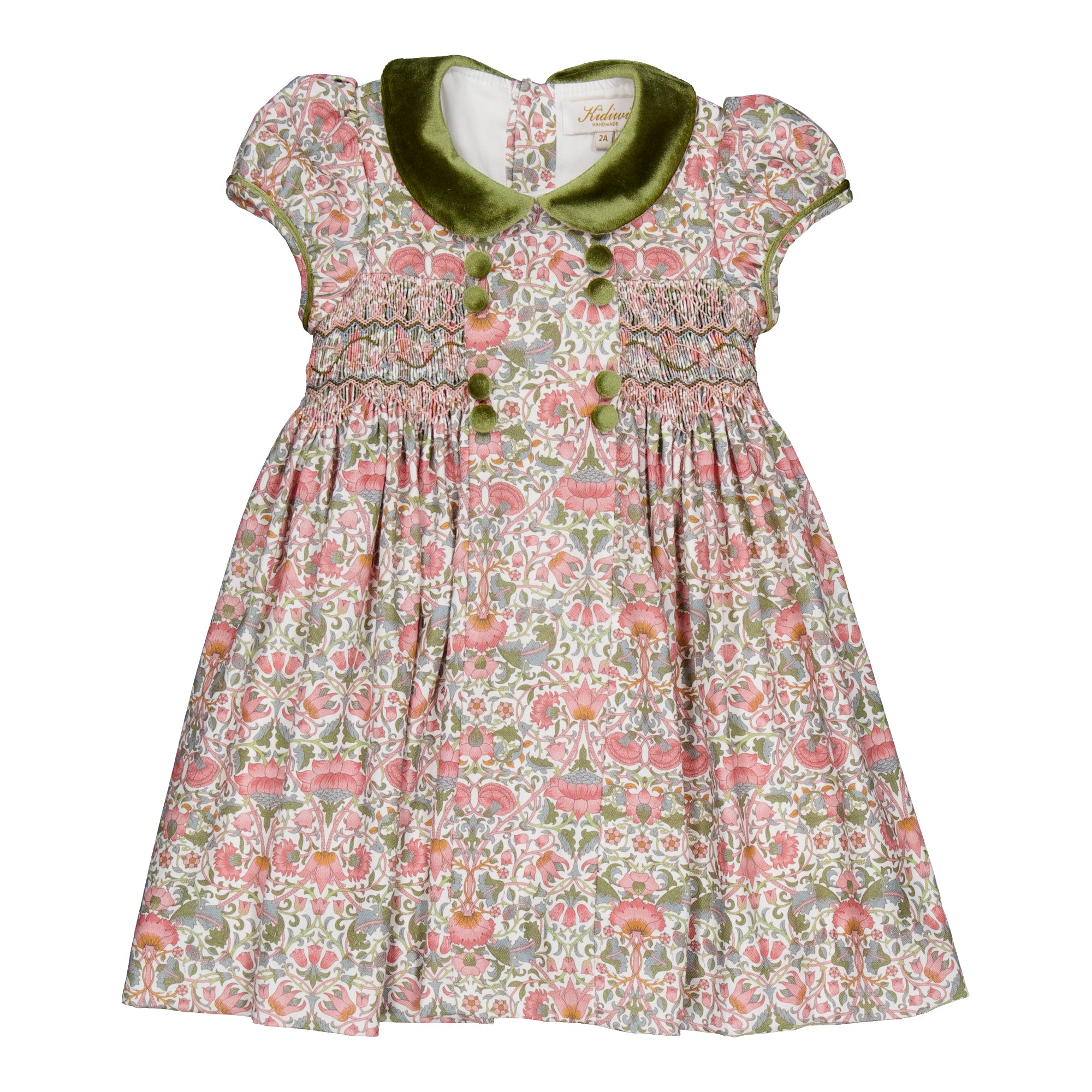 Rison, smocked dress, in Pink baroque flower print with Olive velvet collar