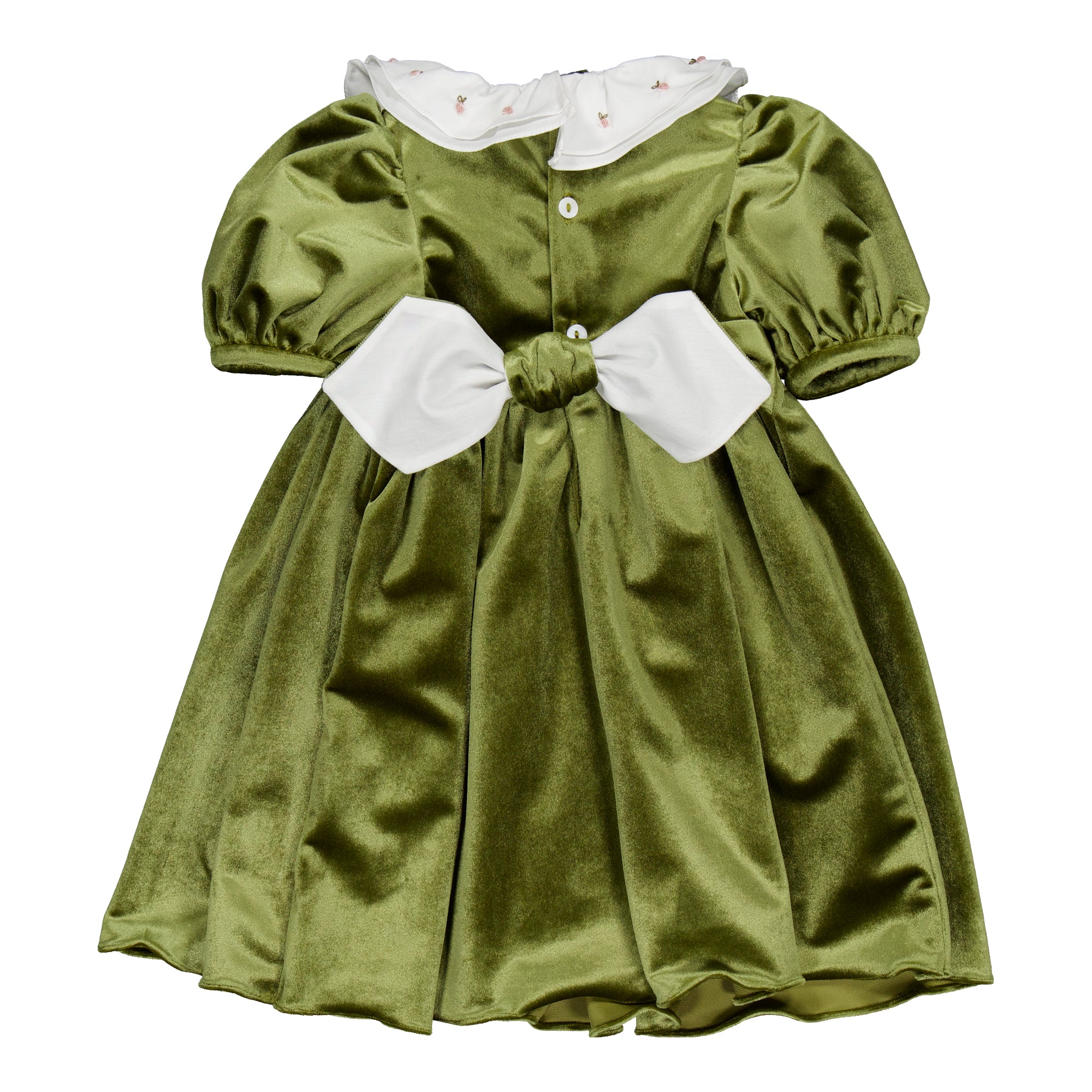 Joséphine, smocked dress, in Olive velve