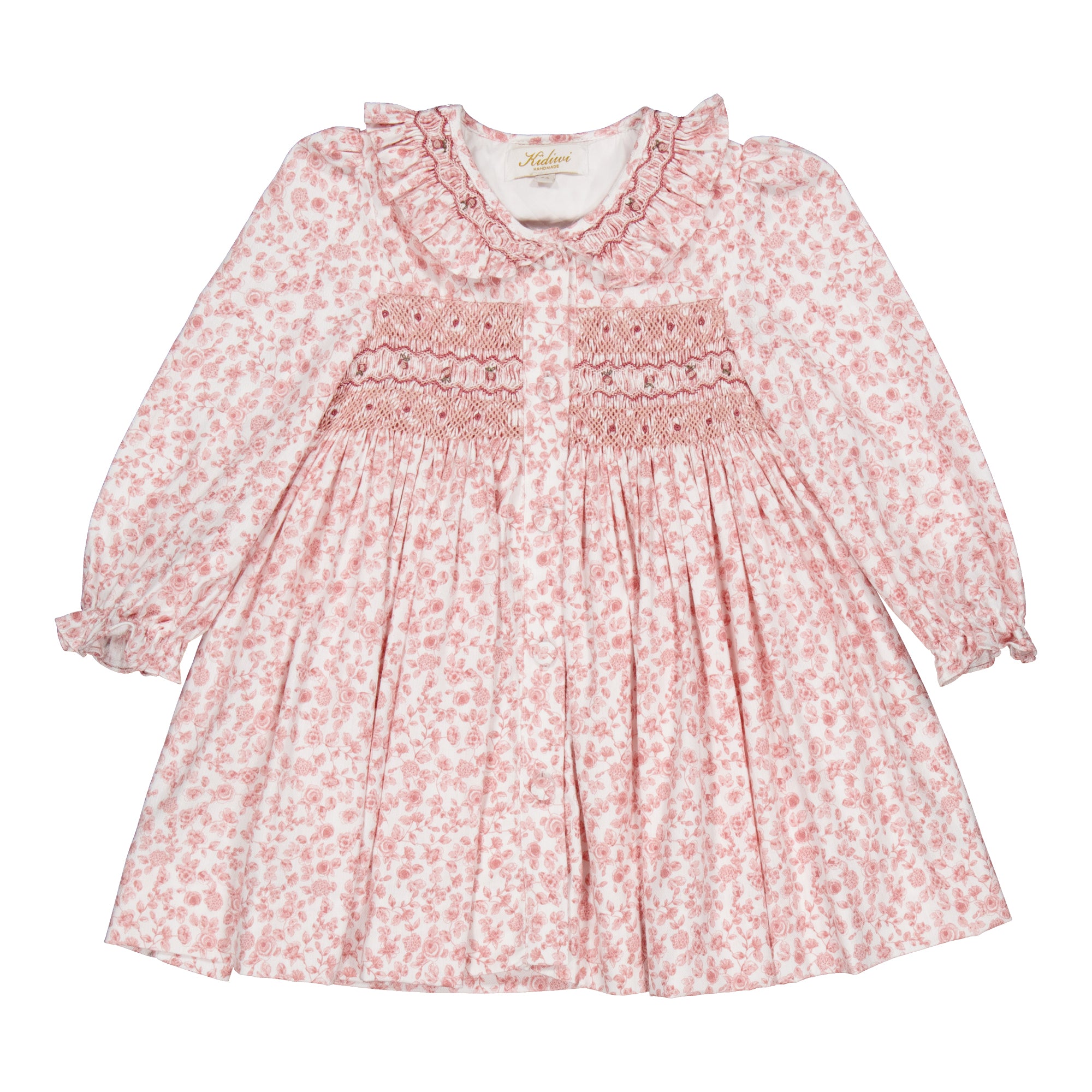 Adeline, smocked dress, in Old rose garden print