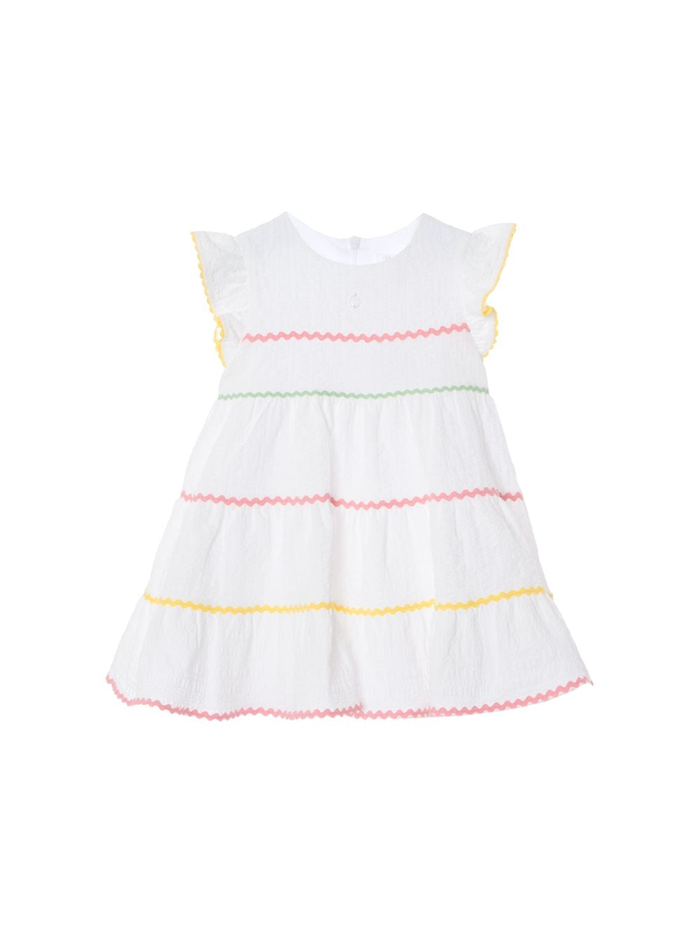 White dress with multicolour trims