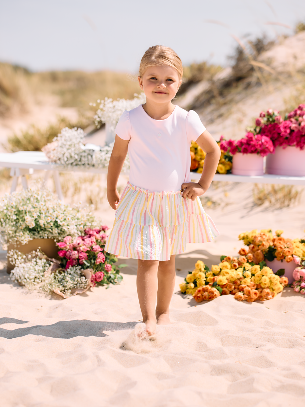 Pink dress with multicolour stripes