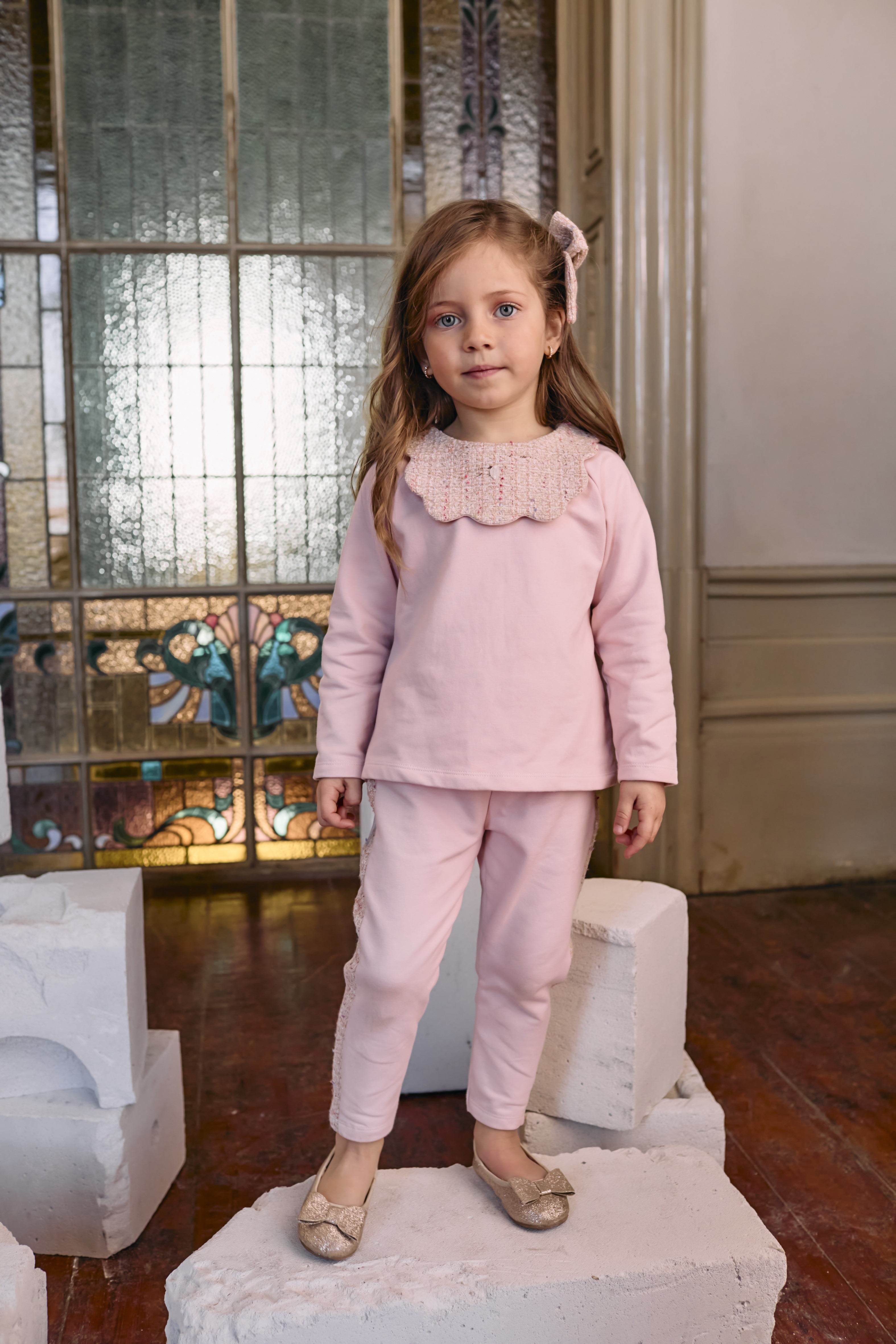 Baby Knit Set in Pale Pink with Woven Accents