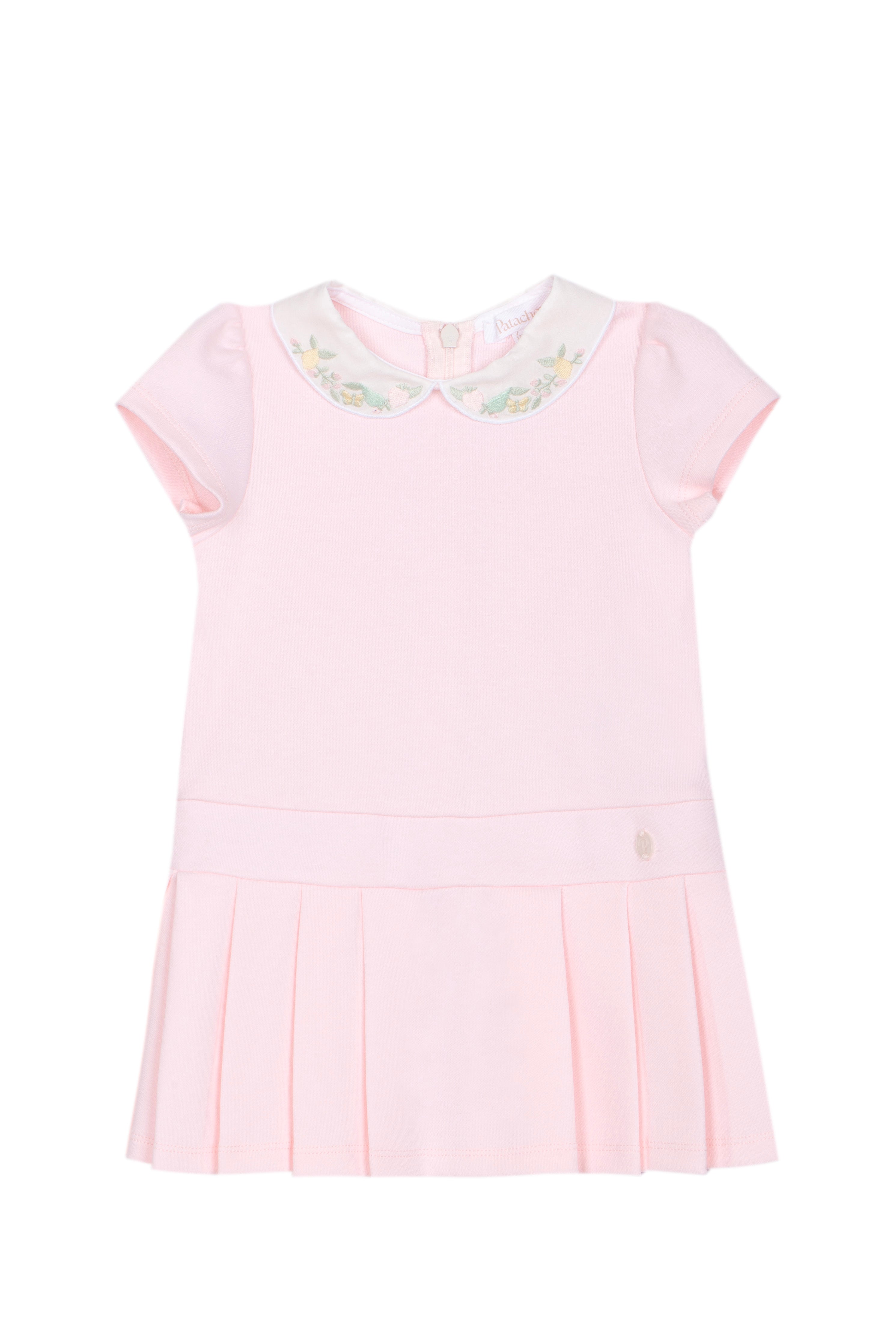 Pink Cotton Dress with Collar Embroidery