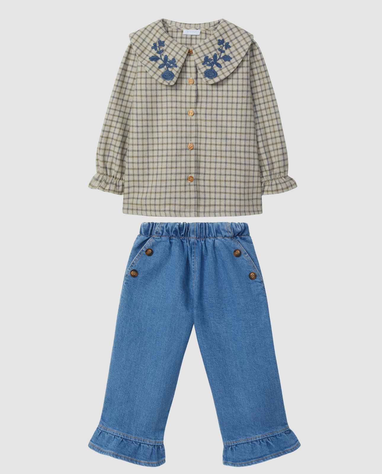 Conjunto Blusa Cuello Bordado y Denim Niña