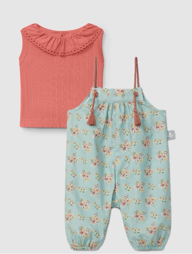 Floral print dungarees with English embroidery collar Shirt