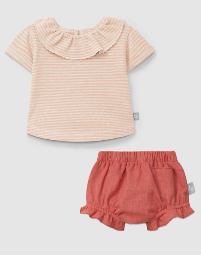 Linen Pull Up and Striped Ruffled Collar Shirt Set in Coral/Pink