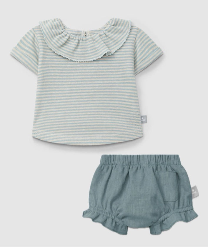 Linen Pull Up and Striped Ruffled Collar Shirt Set in Mint