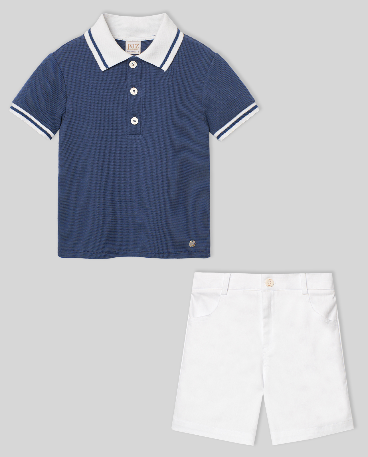 Conjunto NiƱo Polo "Rias" en Indigo y Pantalon Corto Blanco