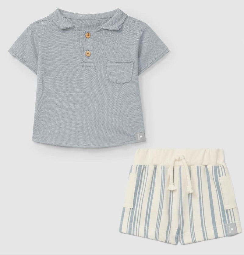 Printed Plush Boy Short Set in Mint Stripes