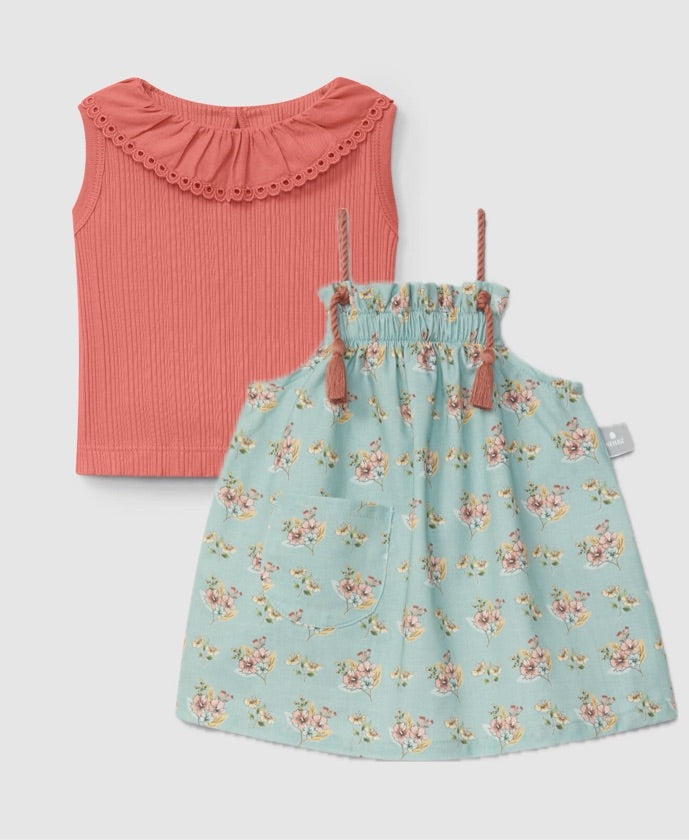 Floral print dress and contrast coloured straps and English embroidery collar Shirt