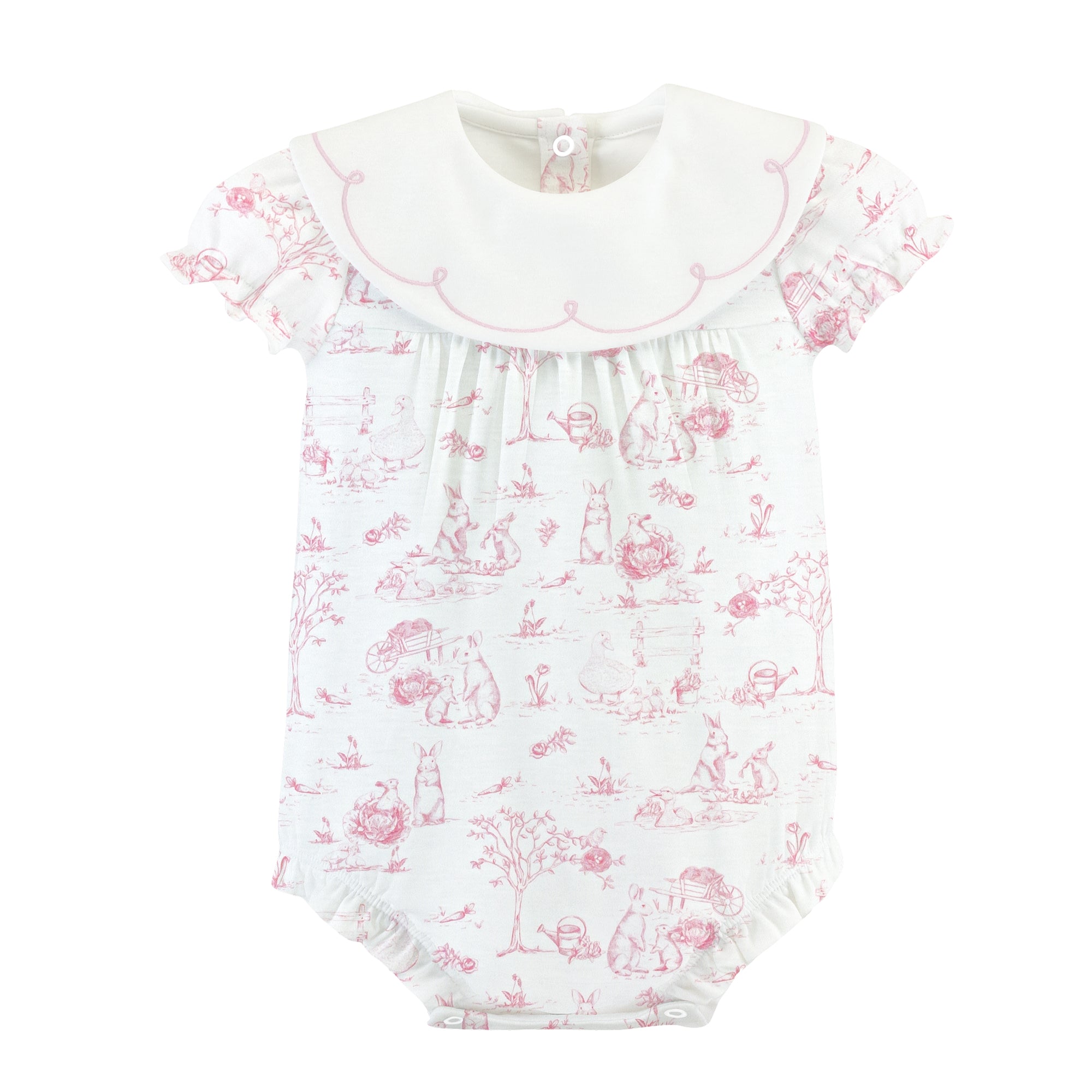 Pink Toile Bunnies printed bib bubble w/embroidery