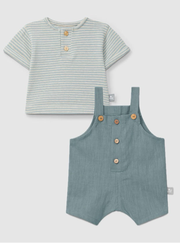 Linen dungaree and Striped Shirt Set in Greyish Mint