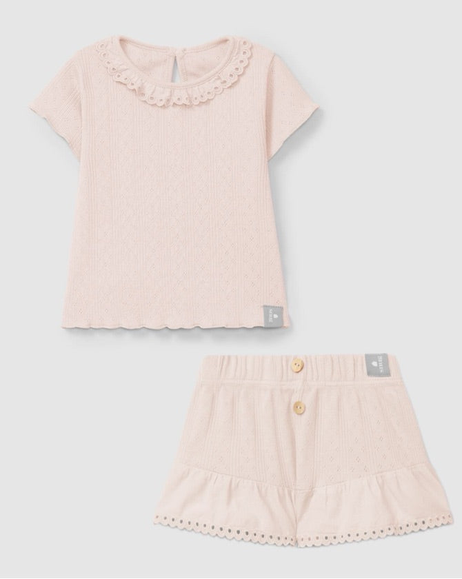 Ajour pattern pull-up set with English embroidery Pink