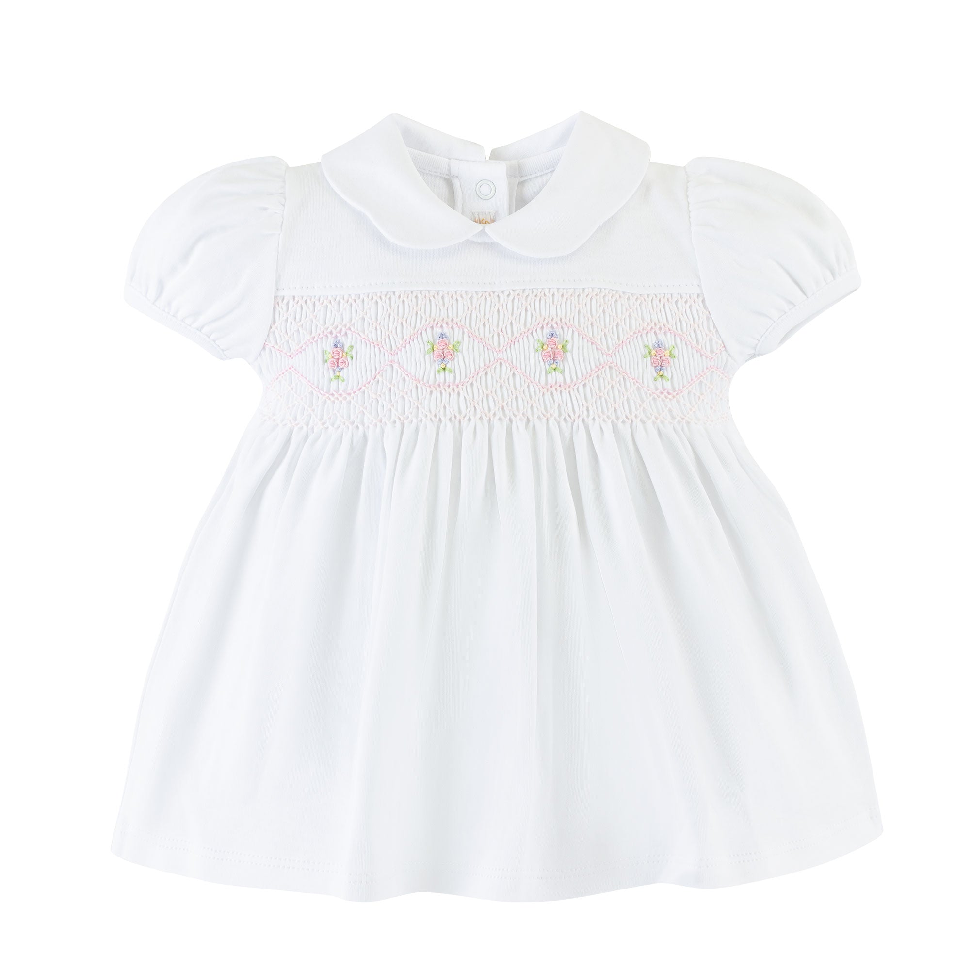 White hand smocked dress w/round collar