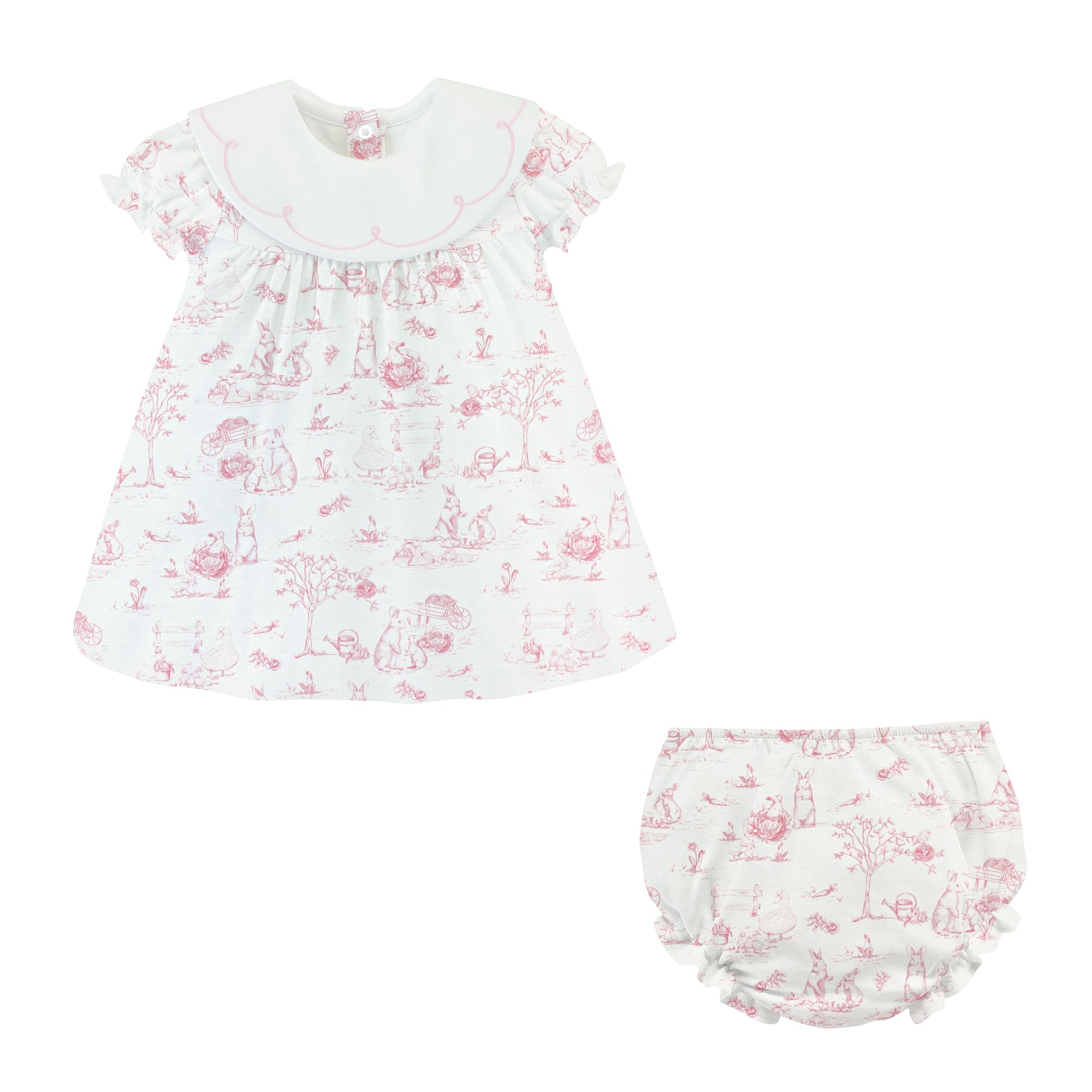 pink toile bunnies printed bib dress w/embroidery