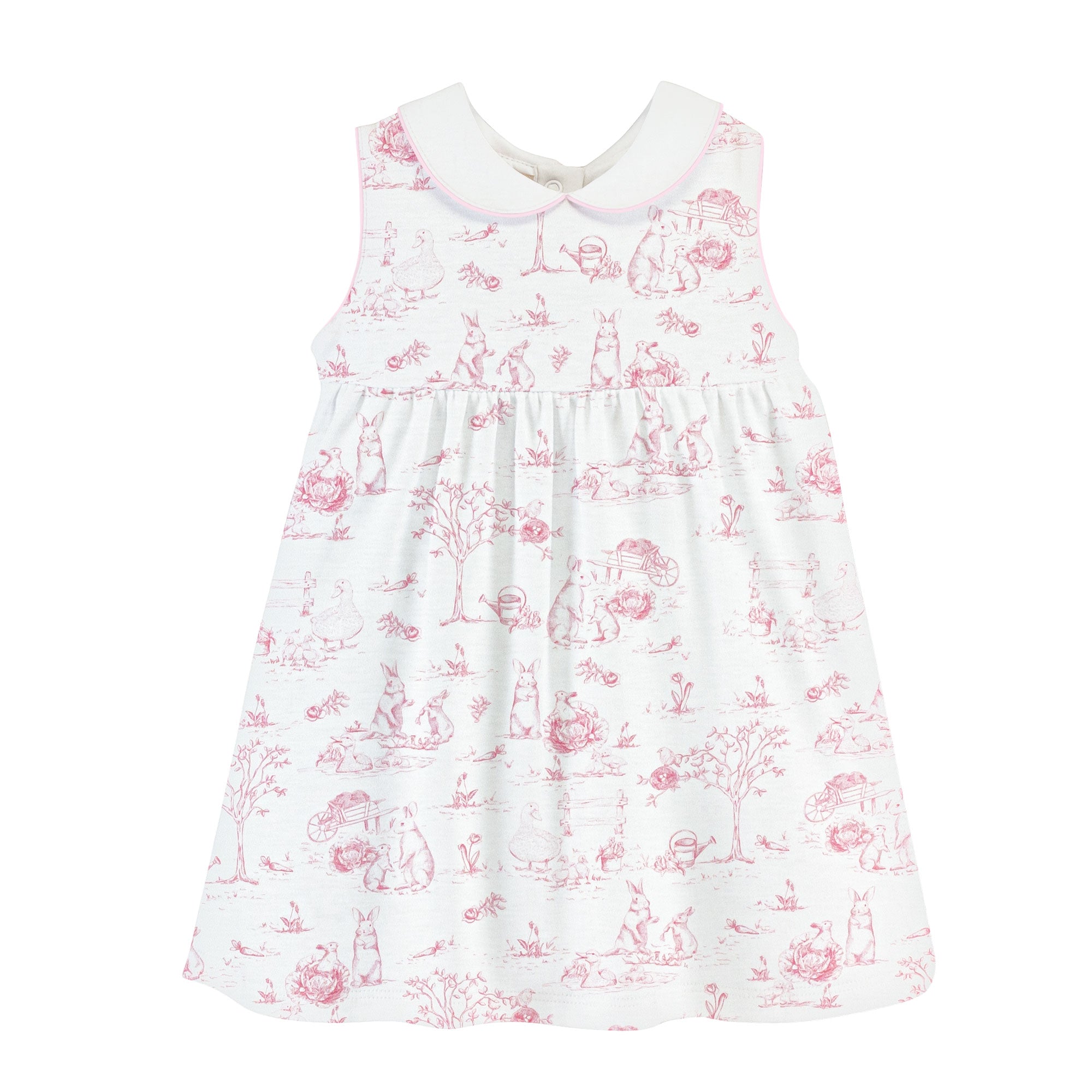 pink toile bunnies printed dress w/round collar