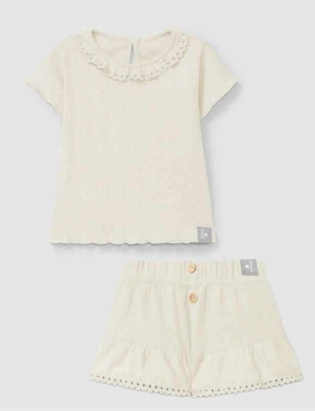 Ajour pattern pull-up set with English embroidery Natural