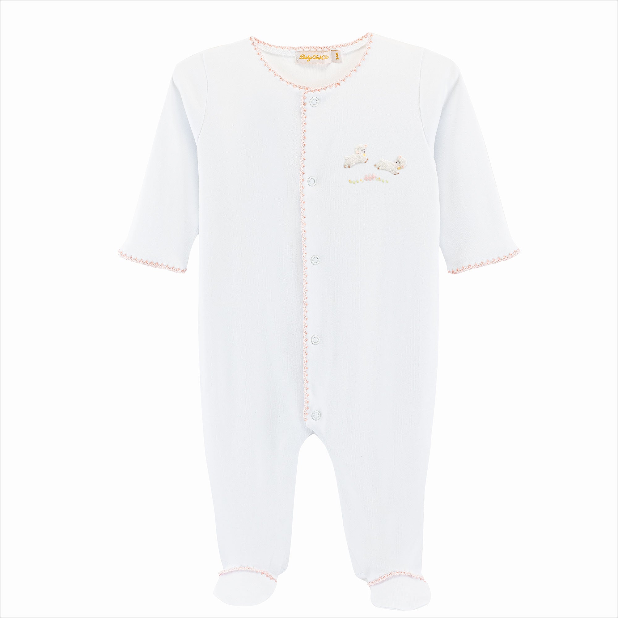 Baby Lambs - pink footie w/crochet trim