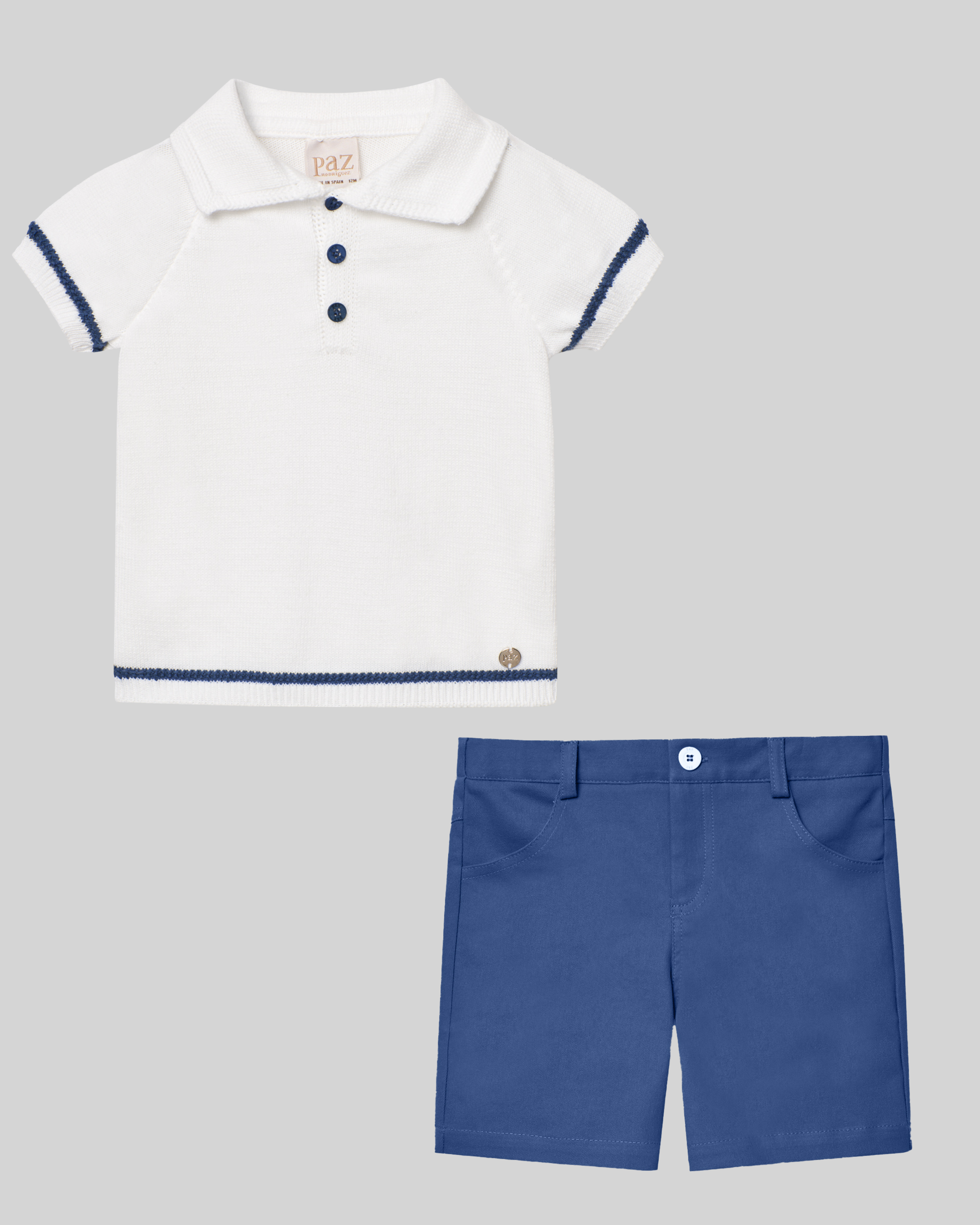 Conjunto NiƱo Polo "Esencial" en Blanco/Indigo y Pantalon Corto Indigo