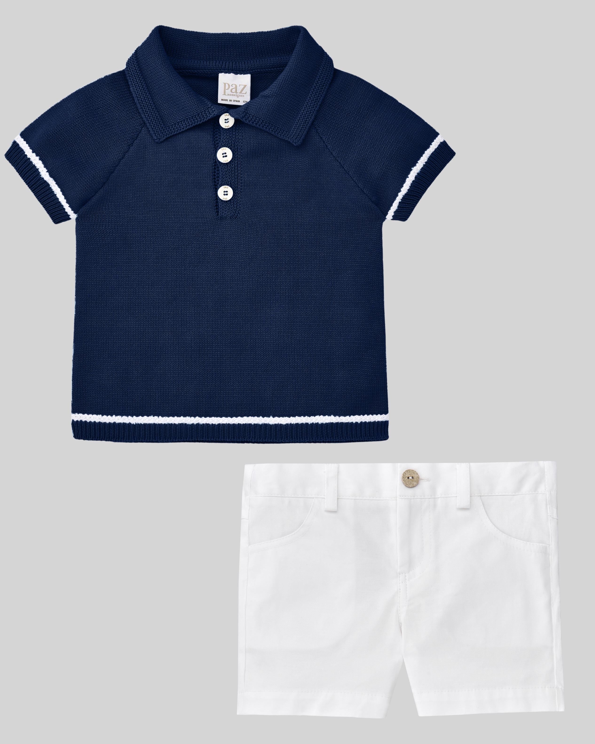 Conjunto NiƱo Polo "Esencial" en Indigo/Blanco y Pantalon Corto Blanco