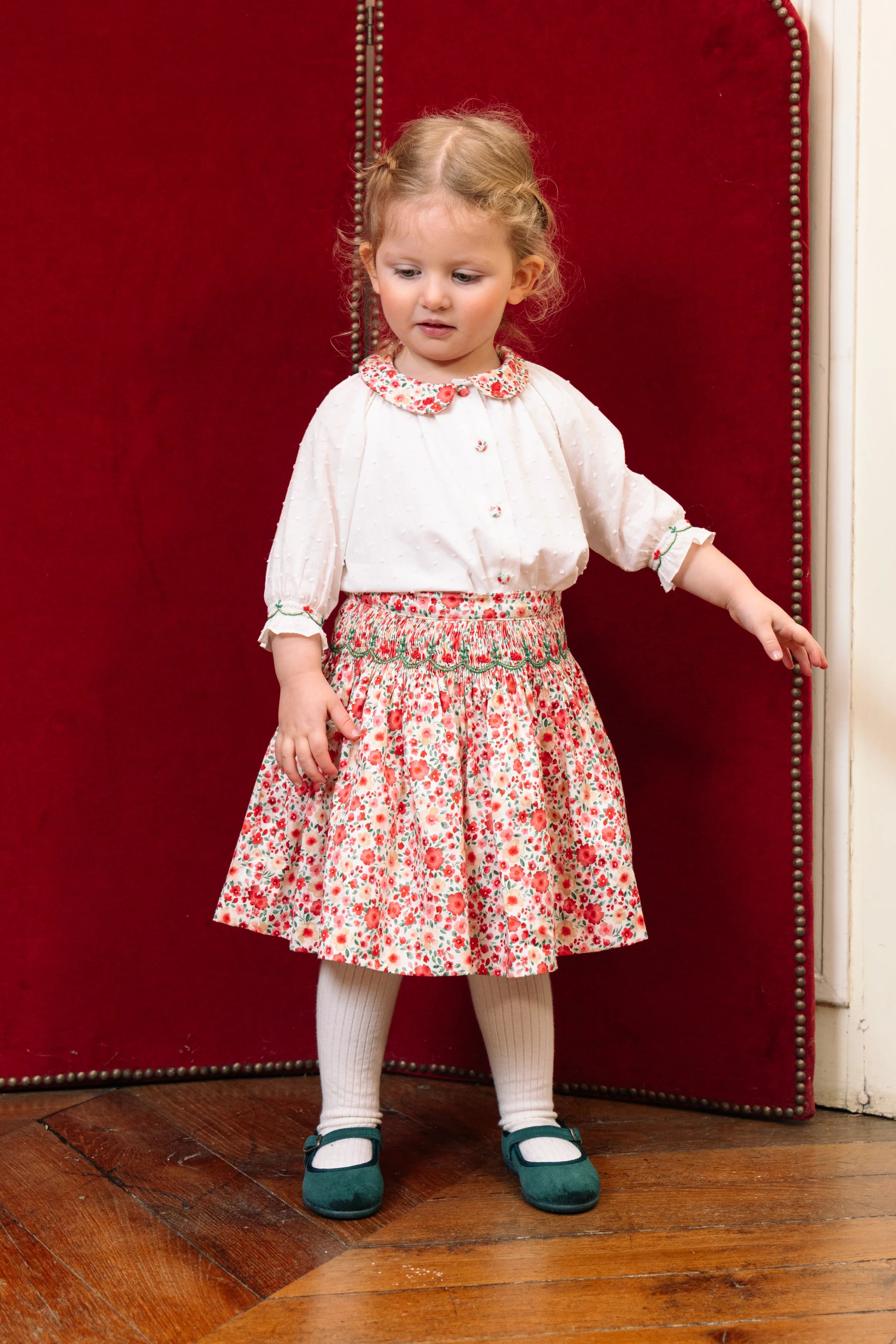 Marie Red Floral Smocked Skirt and Blouse