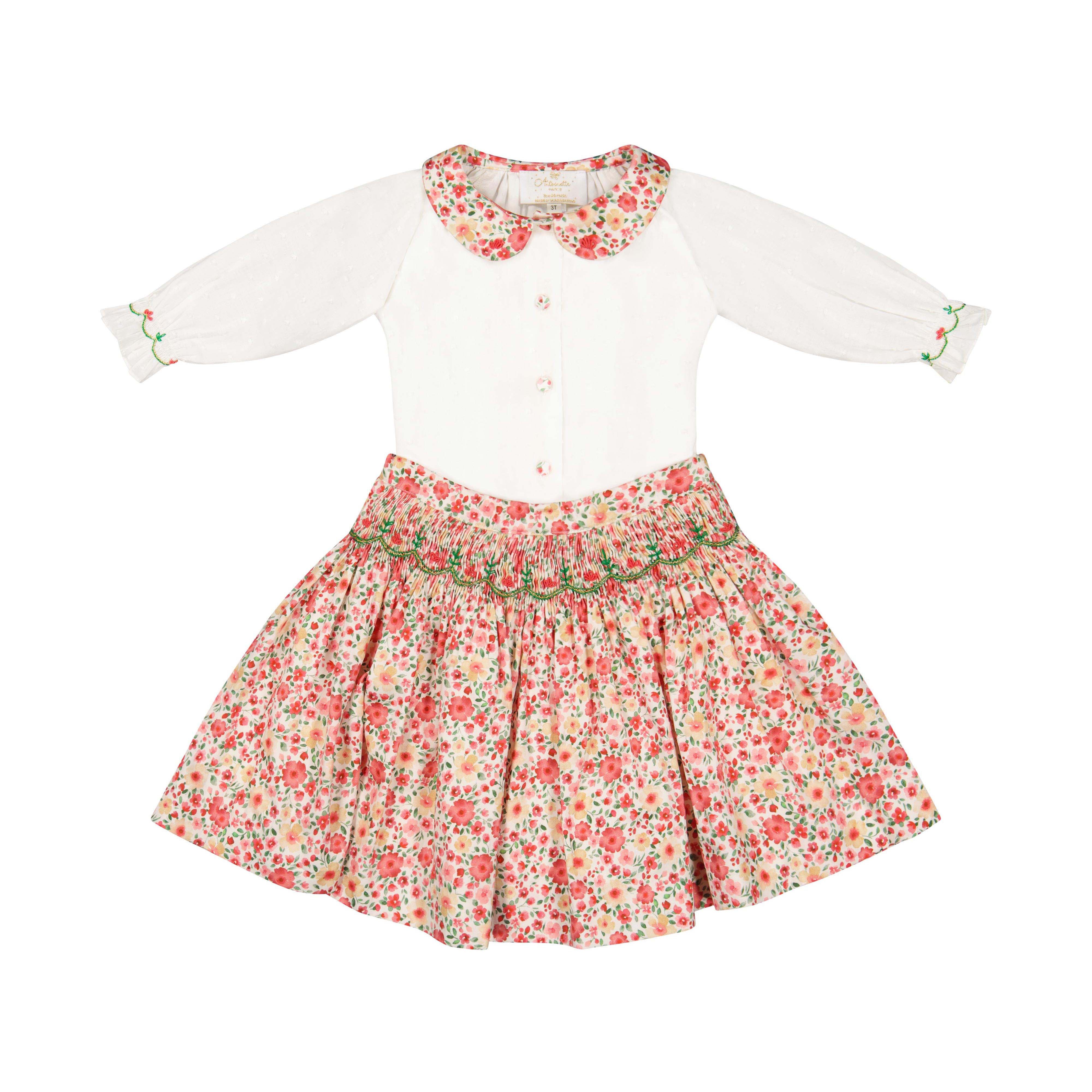 Marie Red Floral Smocked Skirt and Blouse