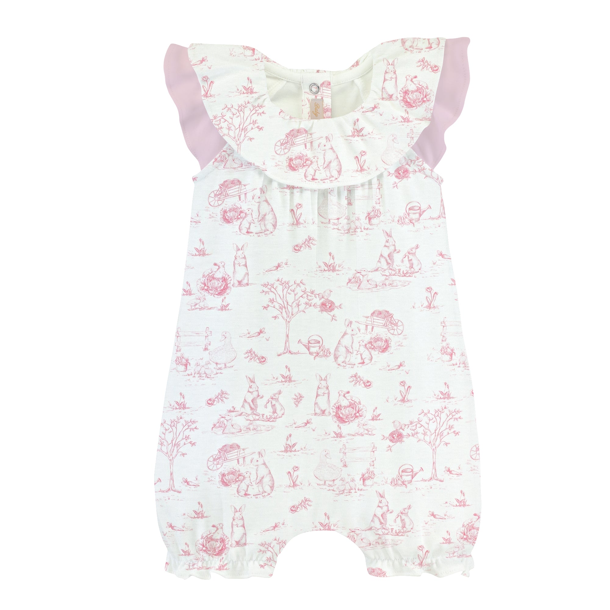 Pink Toile bunnies printed romper w/ruffles