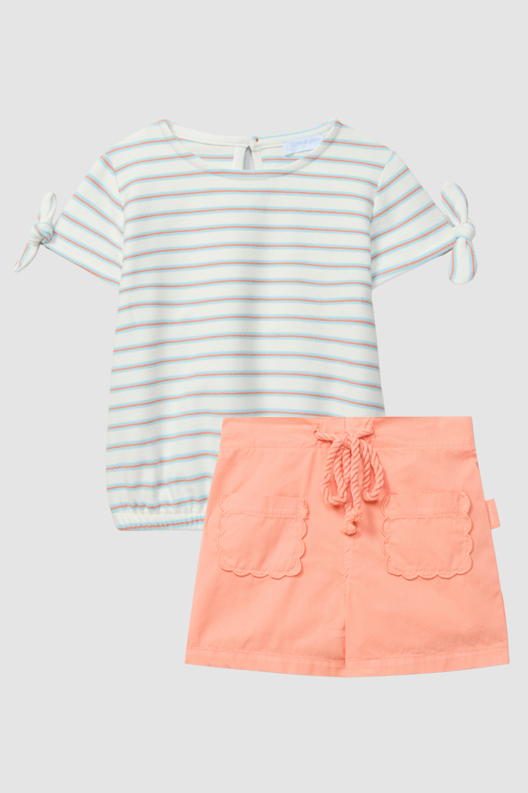 Conjunto Camiseta en felpa a rayas multicolor Pantalón corto pull-up liso en sarga y