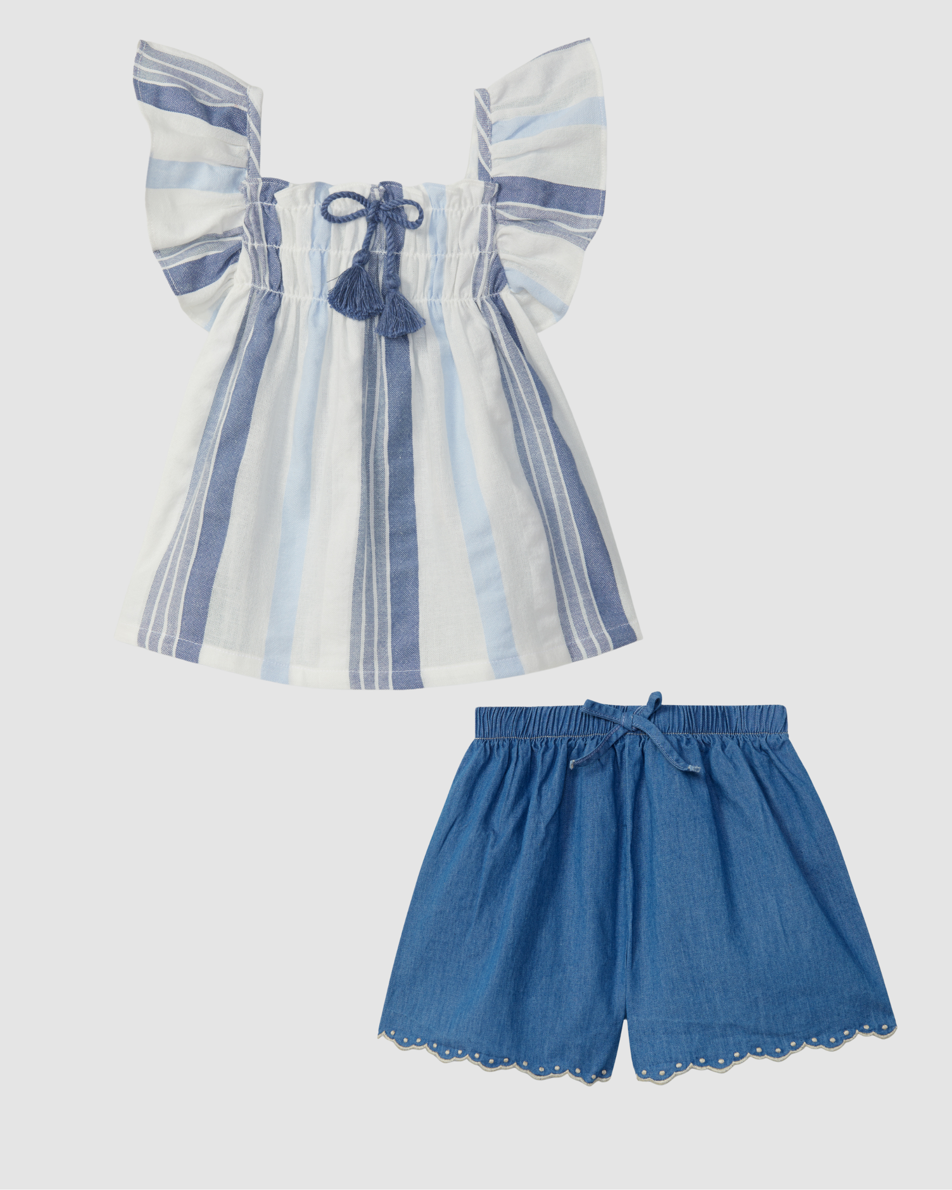 Textured striped fabric top with decorative drawstring and Thin denim pull-up shorts with embroidered details