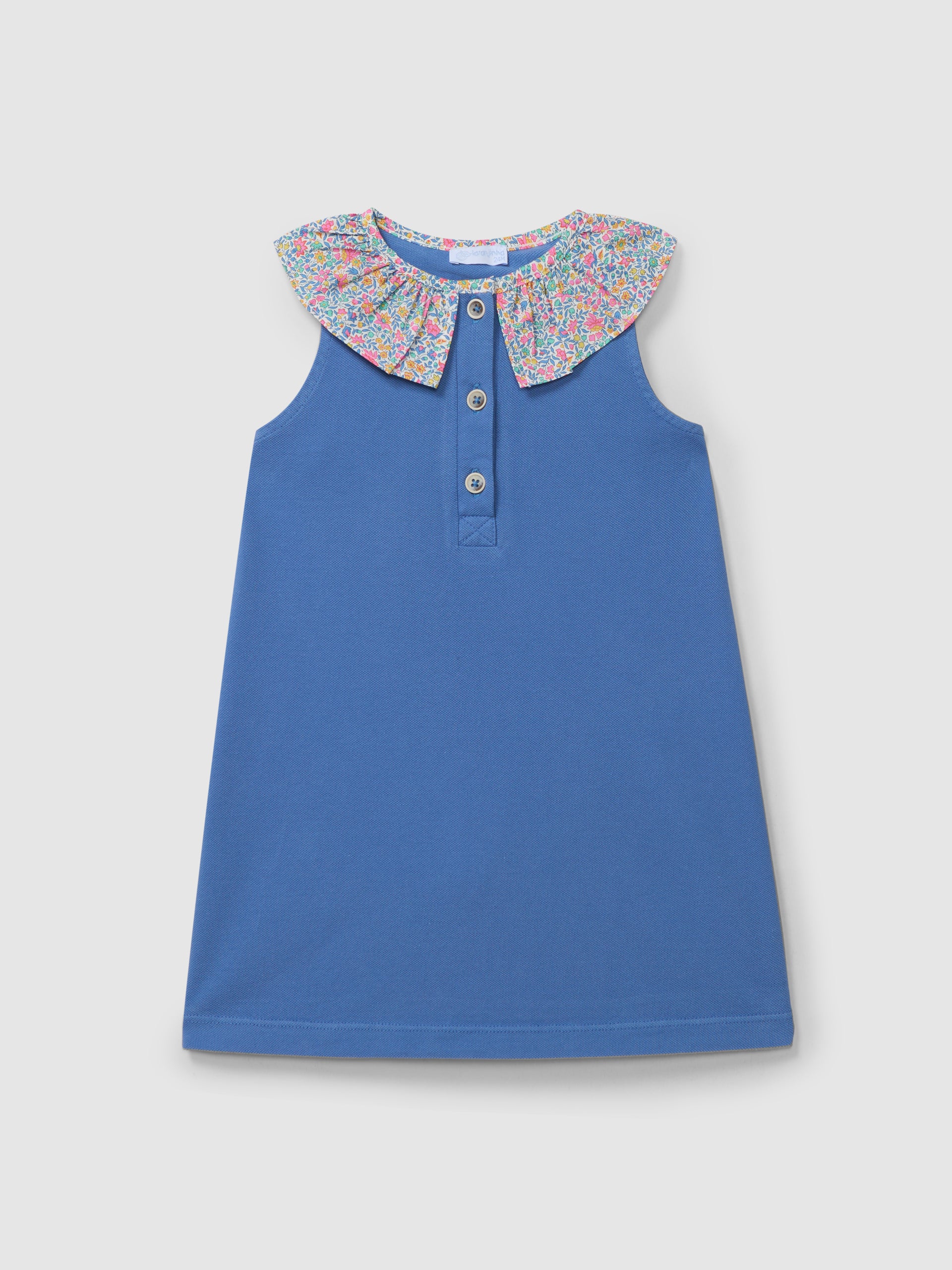 Vestido piqué con cuello de volante estampado en azul medio