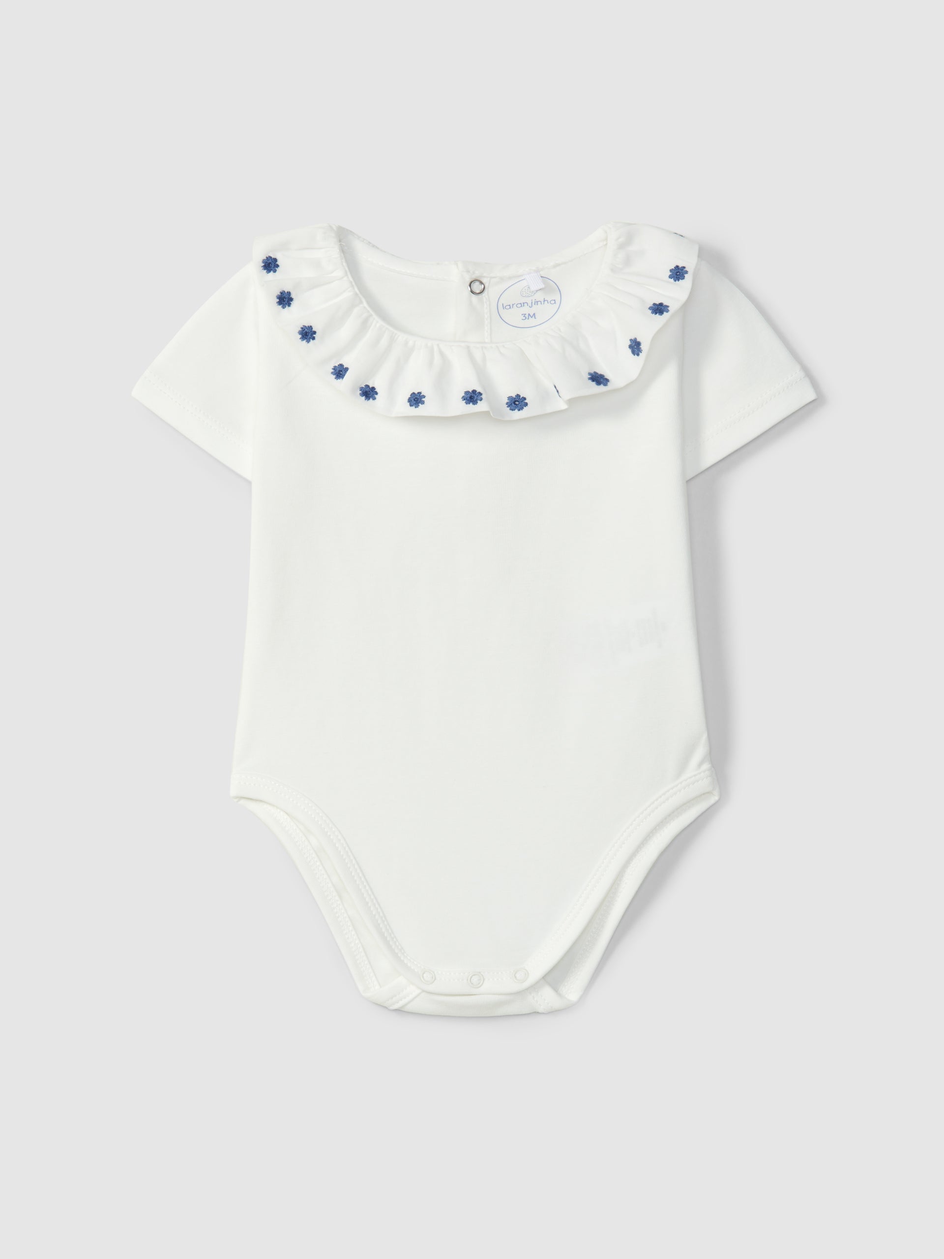 Dungarees in striped gauze with drawstring straps and Bodysuit ruffled collar with embroidered flowers detail