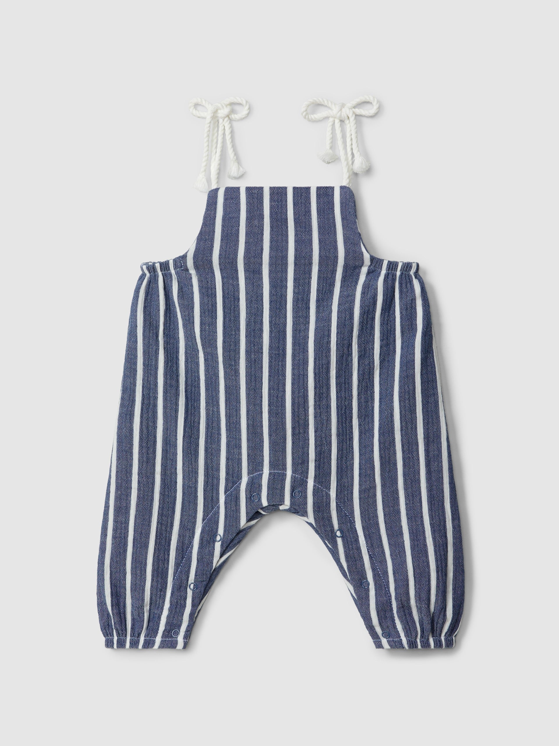 Dungarees in striped gauze with drawstring straps and Bodysuit ruffled collar with embroidered flowers detail