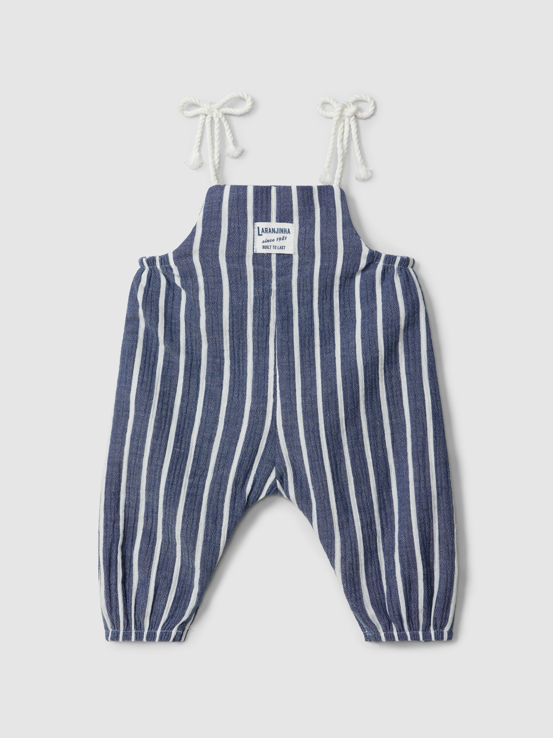 Dungarees in striped gauze with drawstring straps and Bodysuit ruffled collar with embroidered flowers detail