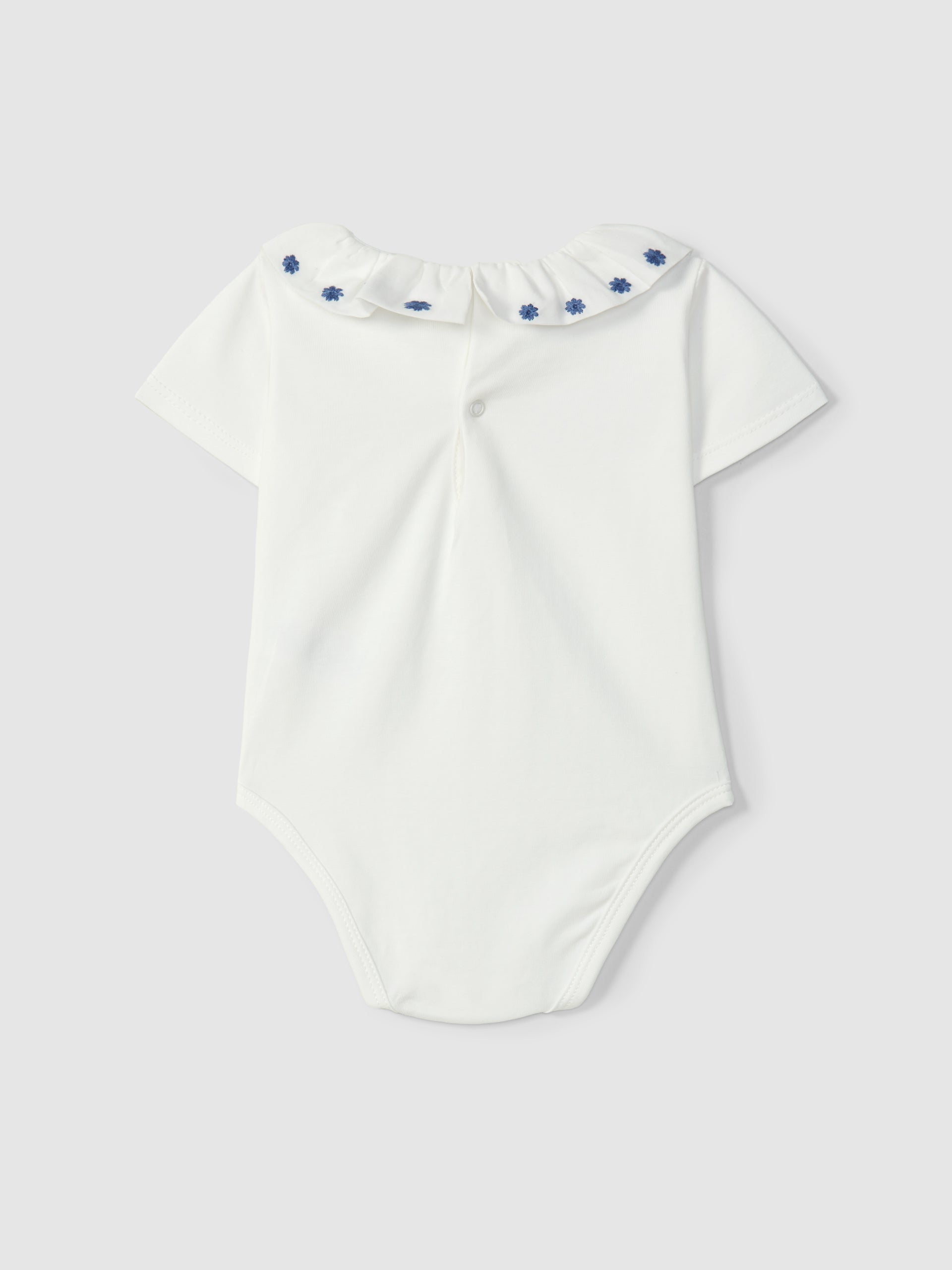 Dungarees in striped gauze with drawstring straps and Bodysuit ruffled collar with embroidered flowers detail