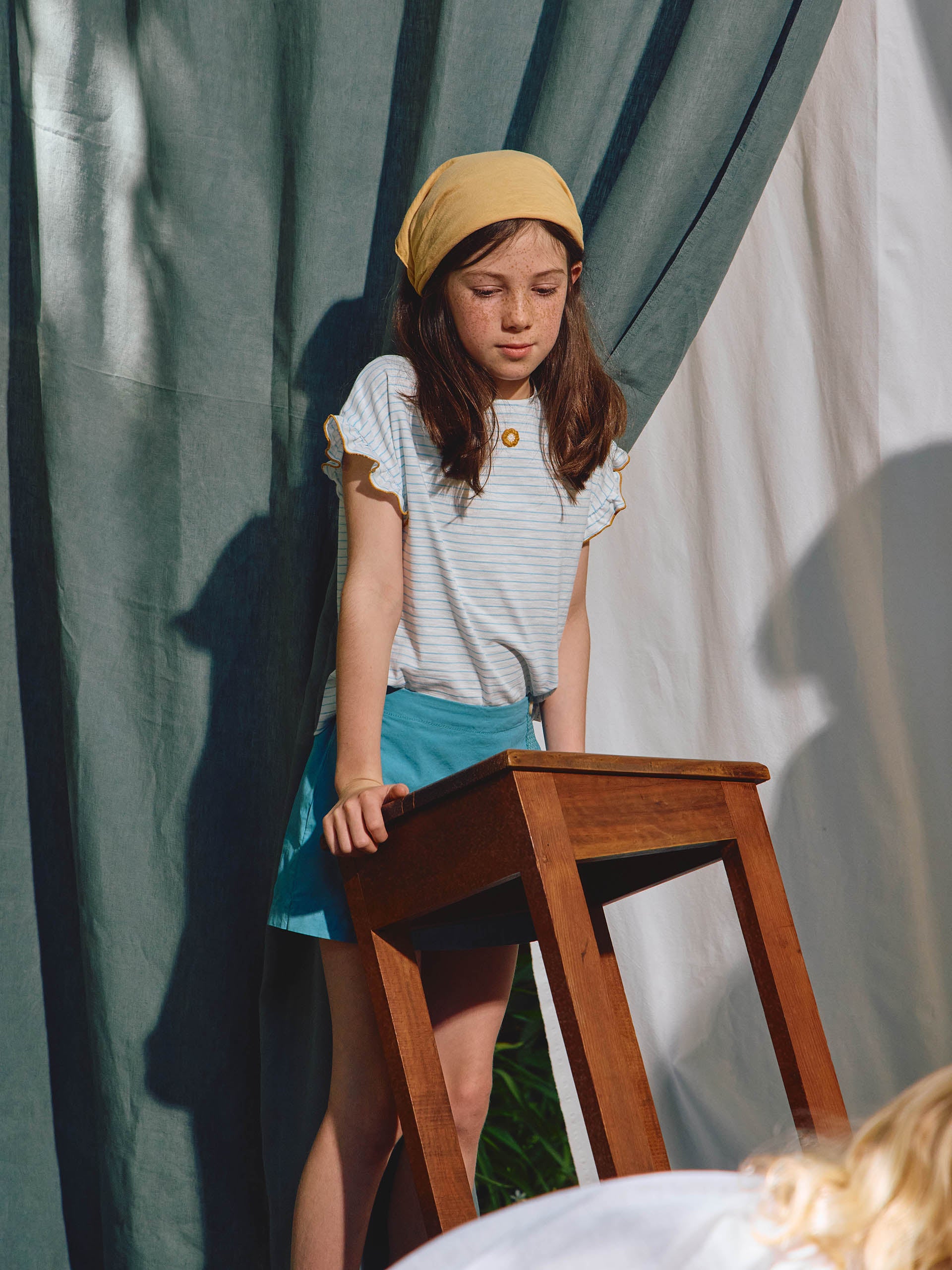 Striped T-Shirt and Skort in twill with decorative ribbon detail in Turquoise