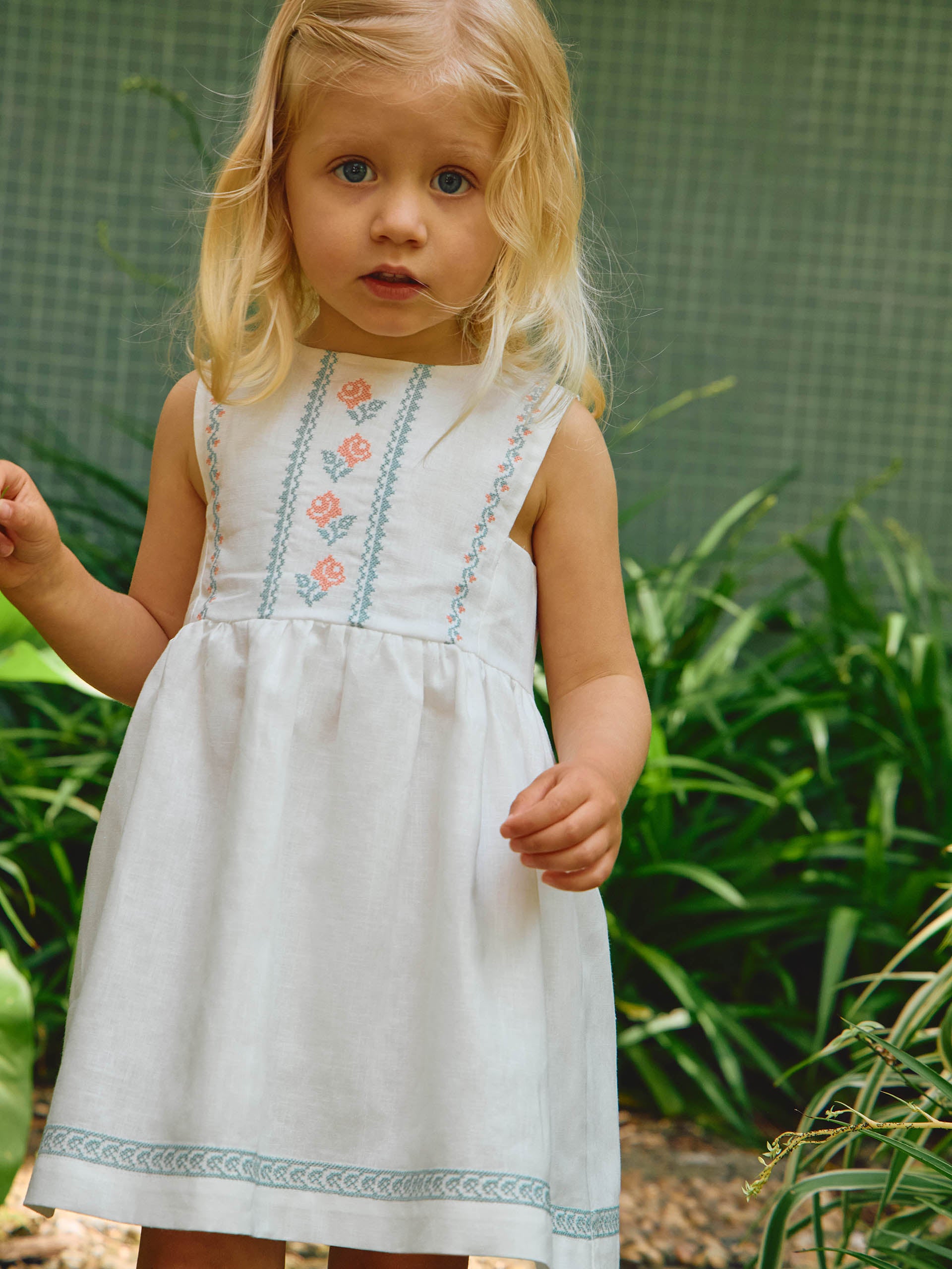 Linen dress with cross stitch embroidery details