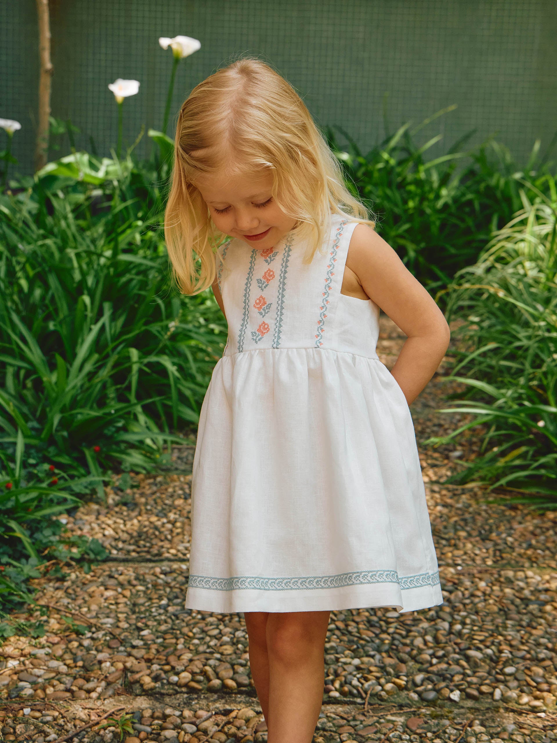 Linen dress with cross stitch embroidery details