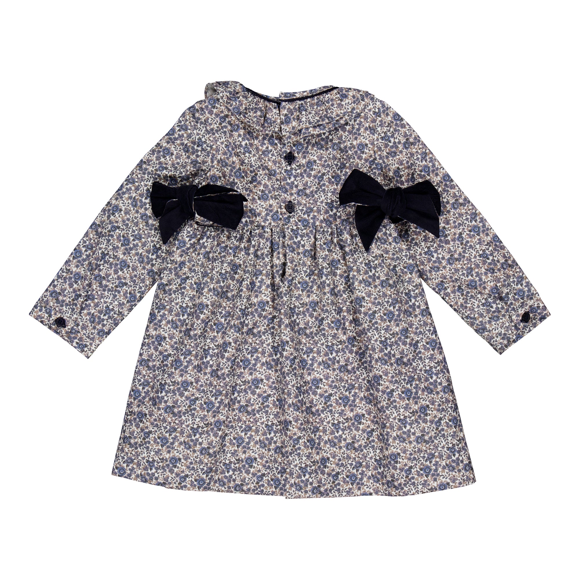 Adriana, smocked dress, in Navy blue print with Navy Corduroy bows