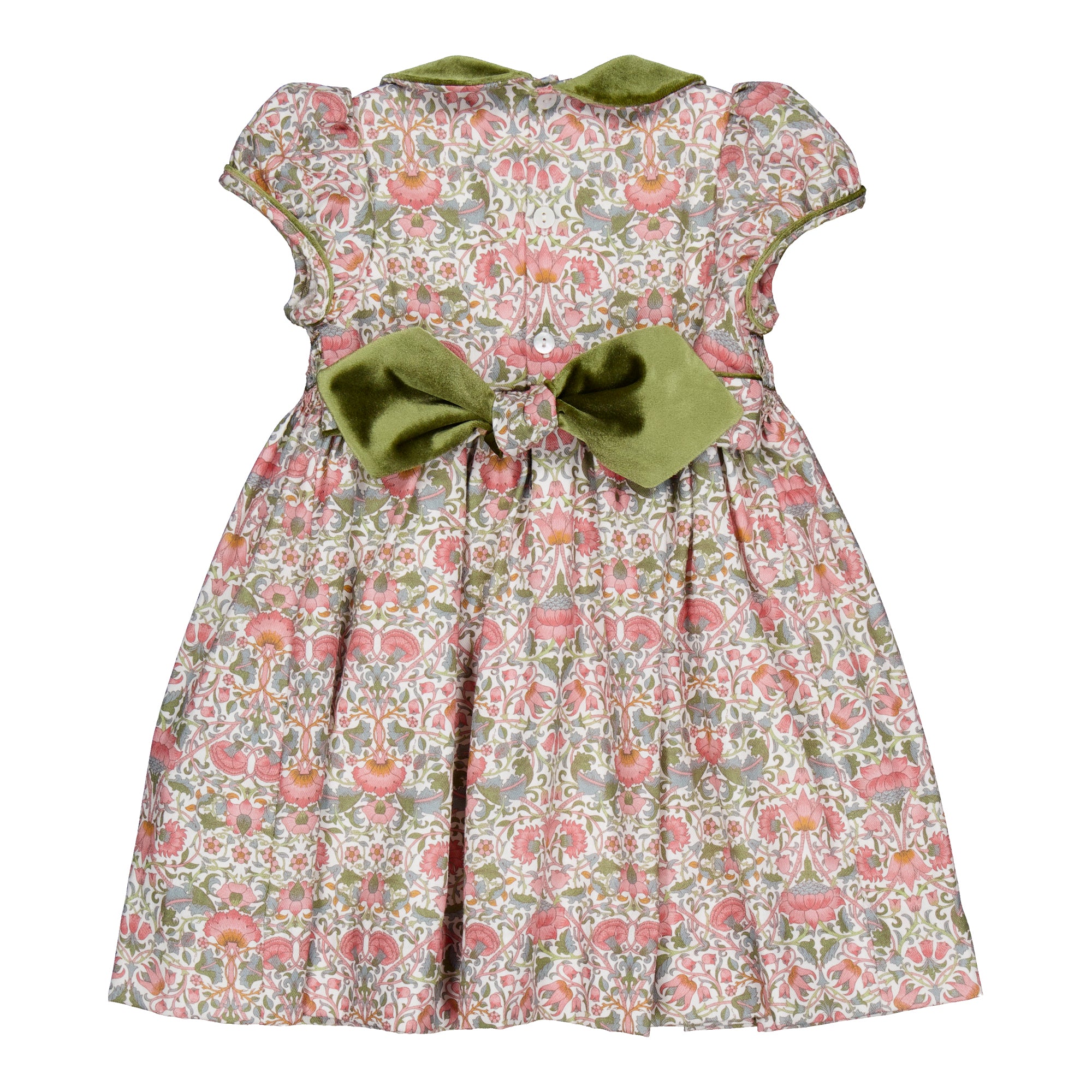 Rison, smocked dress, in Pink baroque flower print with Olive velvet collar