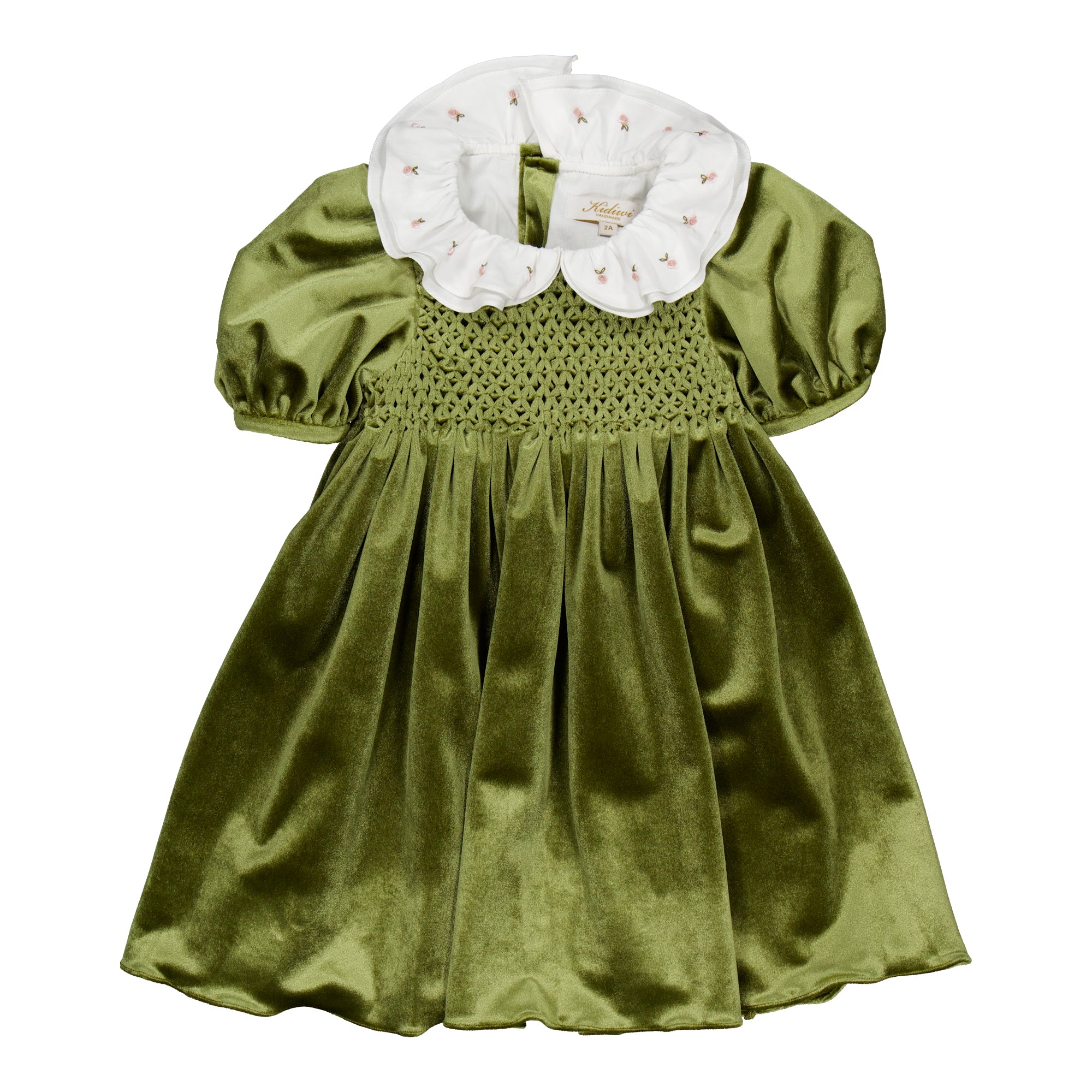 Joséphine, smocked dress, in Olive velve