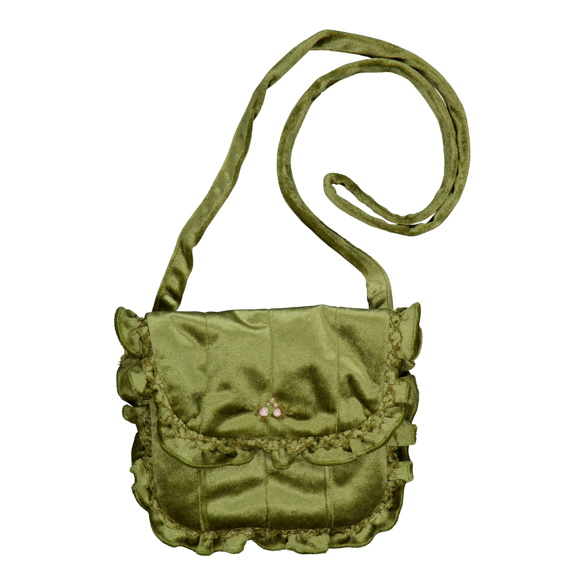 Mimosa, smocked shoulder bag, in Olive velvet with printed lining