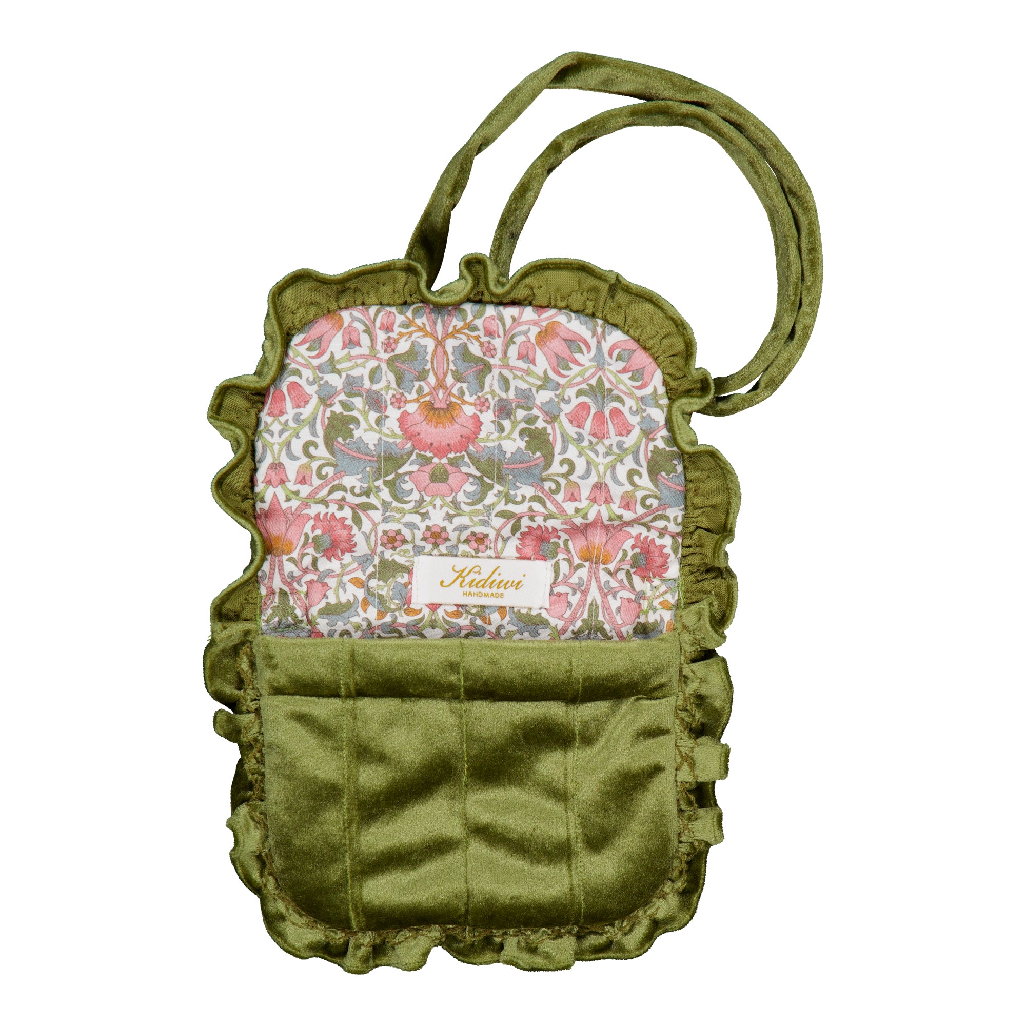 Mimosa, smocked shoulder bag, in Olive velvet with printed lining
