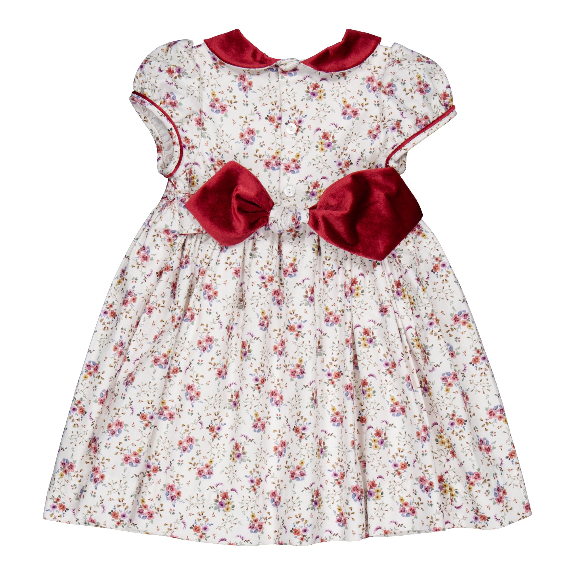 Rison, smocked dress, in Winter bouquet print with burgundy velvet collar